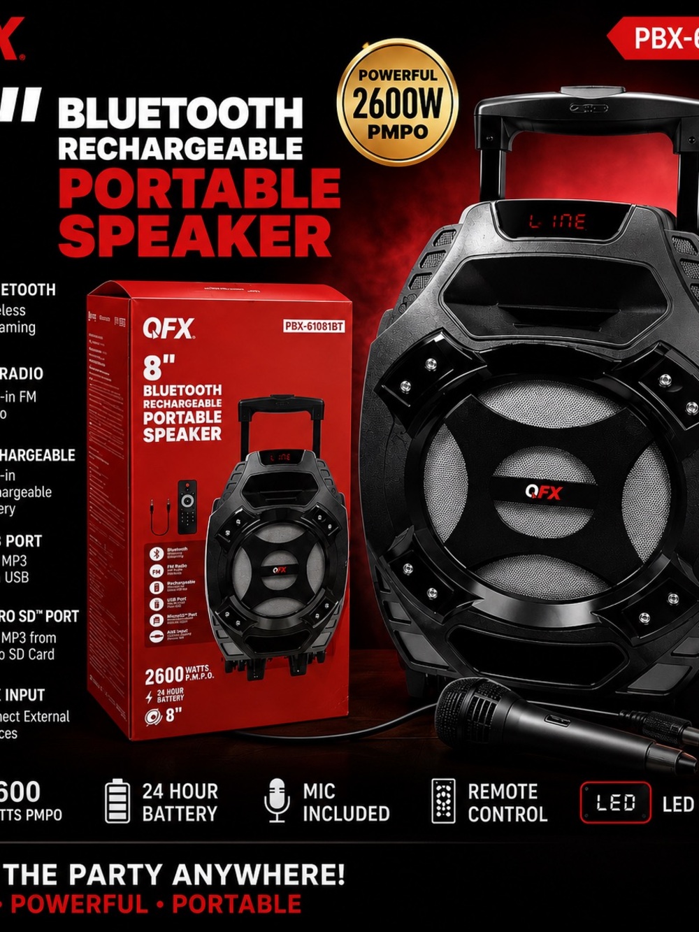 QFX Black 8" SUBWOOFER Bluetooth Rechargeable Portable Speaker